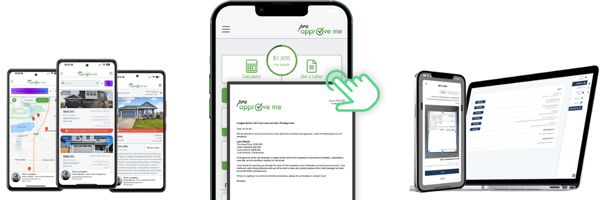 Mobile app screenshots showing home search, pre-approval flow, and milestone tracking interfaces